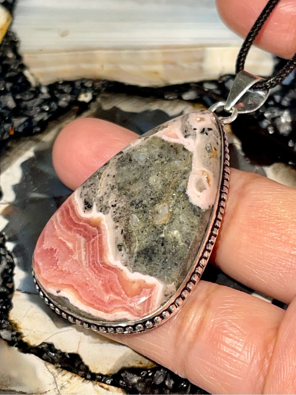 Beautiful Pink Rhodochrosite in Pyrite Pendant 2 1/4ā